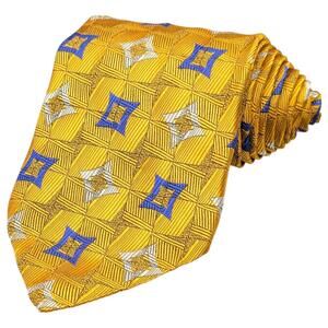 Vintage Robert Talbott Tie‎ Mens 57" Wide Silk Gold Blue Geometric Stars Necktie